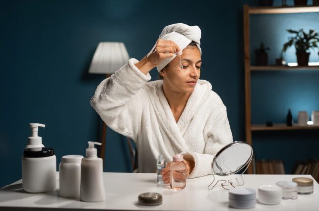 Woman applying anti-wrinkle serum near eye during home beauty routine