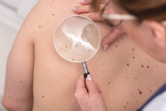 Dermatologist examining the skin of a patient